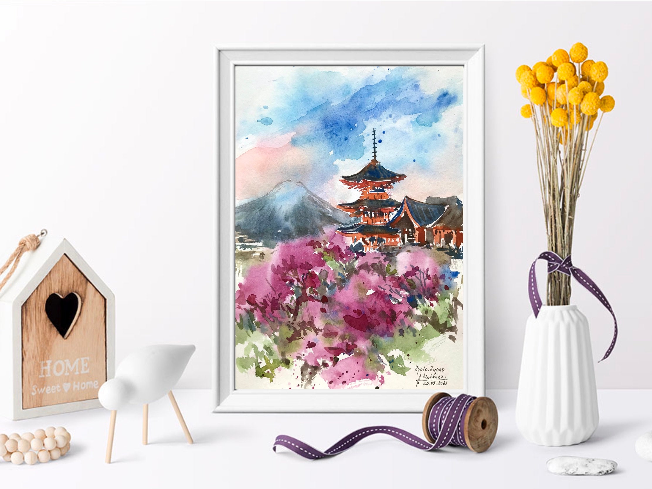 水彩画 (比木神社) 額装済み 水彩画 (比木神社) 額装済み