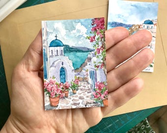 Greece Painting ACEO Santorini Original hand painted watercolor Miniature artwork by AnaMuStudio