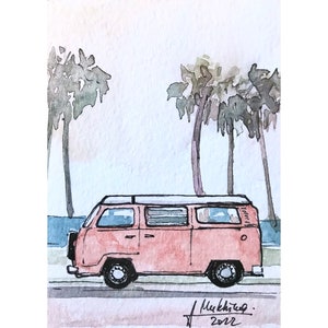 Camper van painting Retro Volkswagen ACEO Original watercolor Miniature artwork by AnaMuStudio