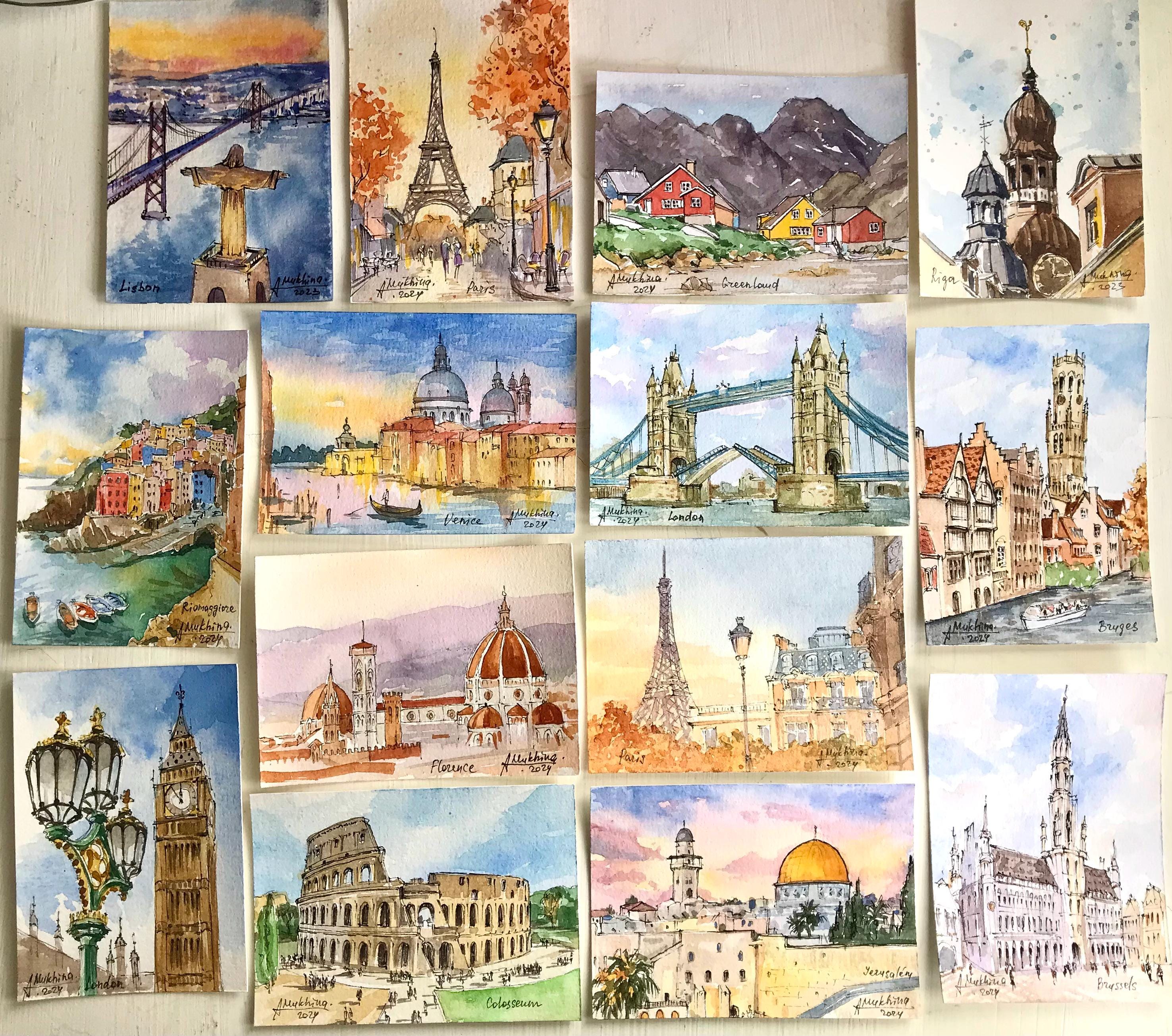 ロンドンの絵画 ACEO オリジナル水彩画 ビッグベン イングランド