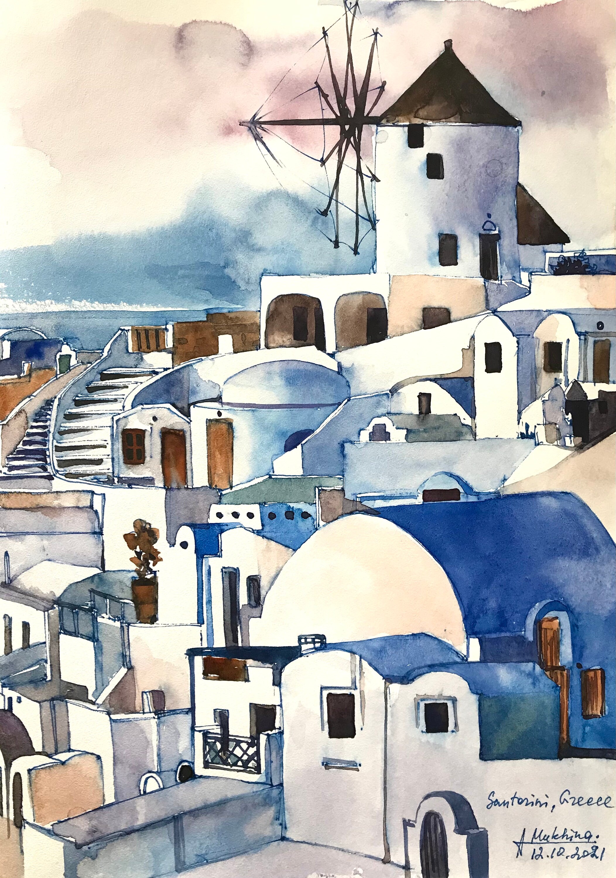 水彩画 風車の風景 水彩画 風車の風景