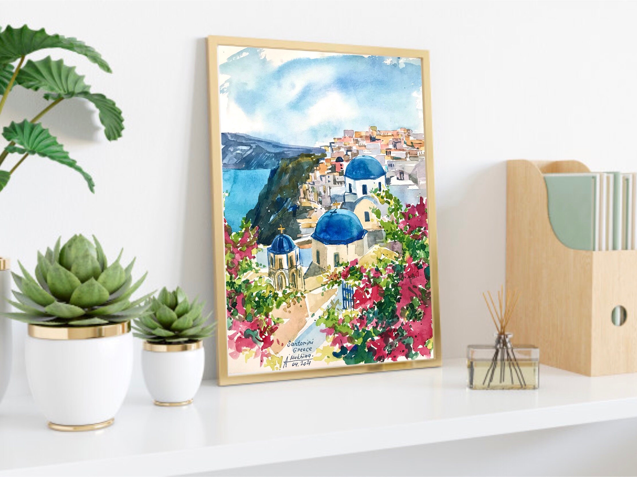 サントリーニ島 水彩画 ギリシャ オリジナル絵画 オーダーメイド