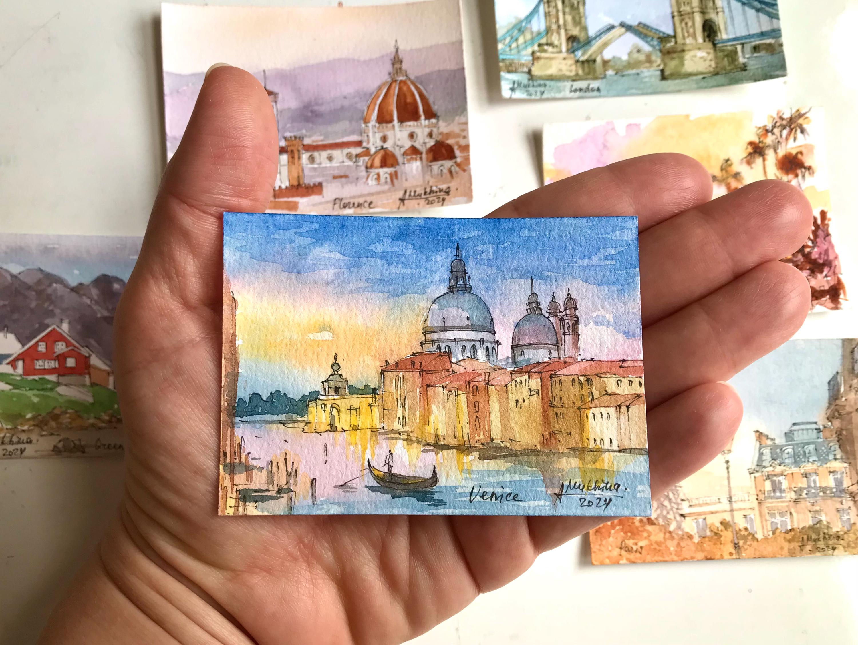 ヴェネツィアの水彩画 ACEO イタリア ゴンドラ 手描きの小さな水彩画
