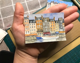 Honfleur ACEO painting Normandy France Original art Mini watercolor Miniature artwork by AnaMuStudio