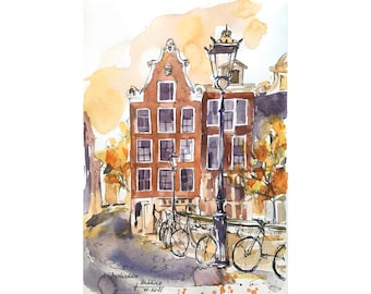 Amsterdam Canal Houses: Original Watercolor Painting, Holland Art