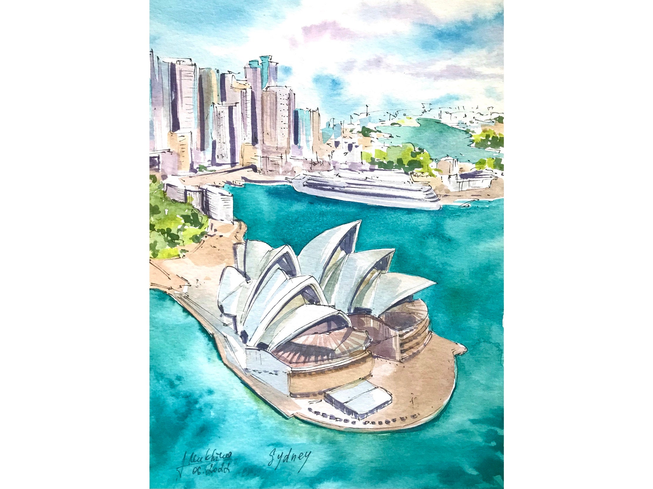 サイン付き　お洒落　水彩画 シドニーオペラハウスとタワー A4 シドニー・オペラハウスの水彩画 オーストラリアの象徴的
