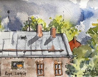 Latvian art Riga roof watercolor painting Original art MADE TO ORDER artwork by AnaMuStudio