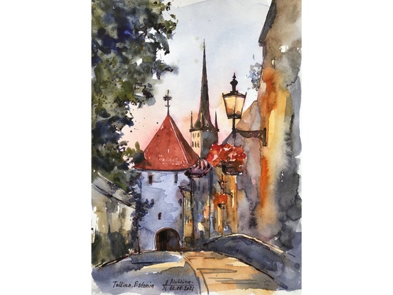 Tallinn painting European City Original watercolor Estonian wall art Europe architecture drawing by AnaMuStudio