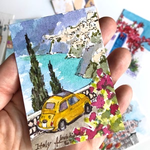 Positano Painting ACEO Original artwork Italy mini watercolor Retro car Miniature artwork by AnaMuStudio