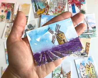 Lavender field ACEO Painting Windmill Provence Original watercolor Miniature artwork by AnaMuStudio