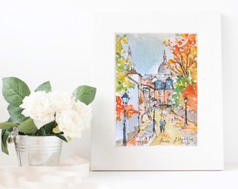 Paris watercolor Montmartre Sacre Coeur Watercolor mini art ACEO Original watercolor French art in autumn