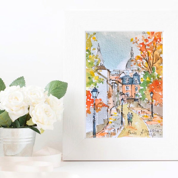 Aquarelle Paris Montmartre Sacré Coeur Aquarelle mini art ACEO Aquarelle originale Art français en automne