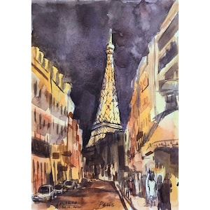 Paris art Original painting Eiffel Tower painting Night city street  Watercolor by AnaMuStudio