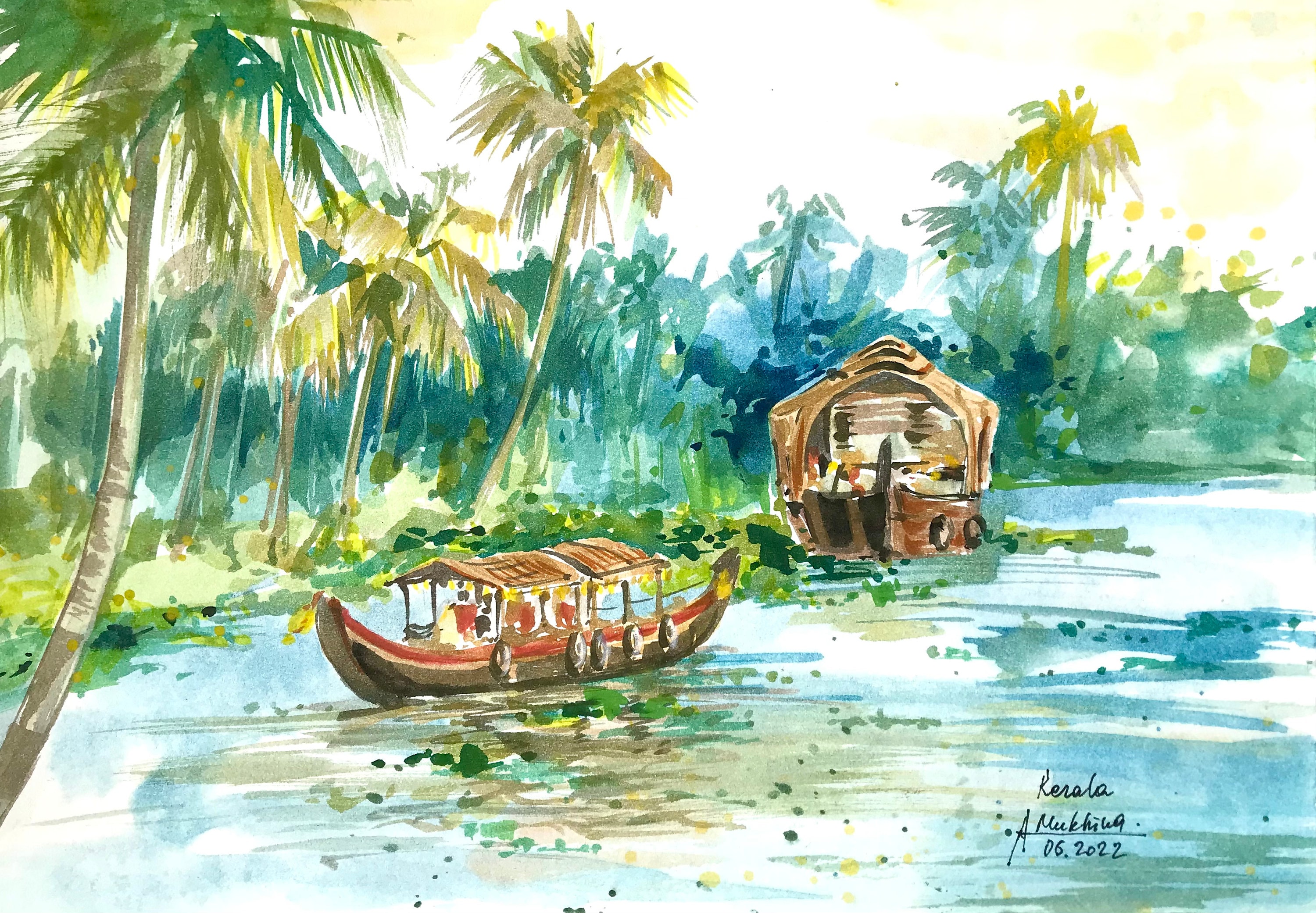 Aalappula Bote Housh Sex Vidio - Kerala House Boats Watercolor Painting Indian Wall Art - Etsy Israel