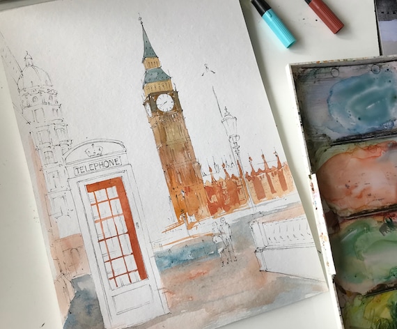 ロンドンの水彩画：ビッグベンと赤い電話ボックスのアート - Etsy 日本