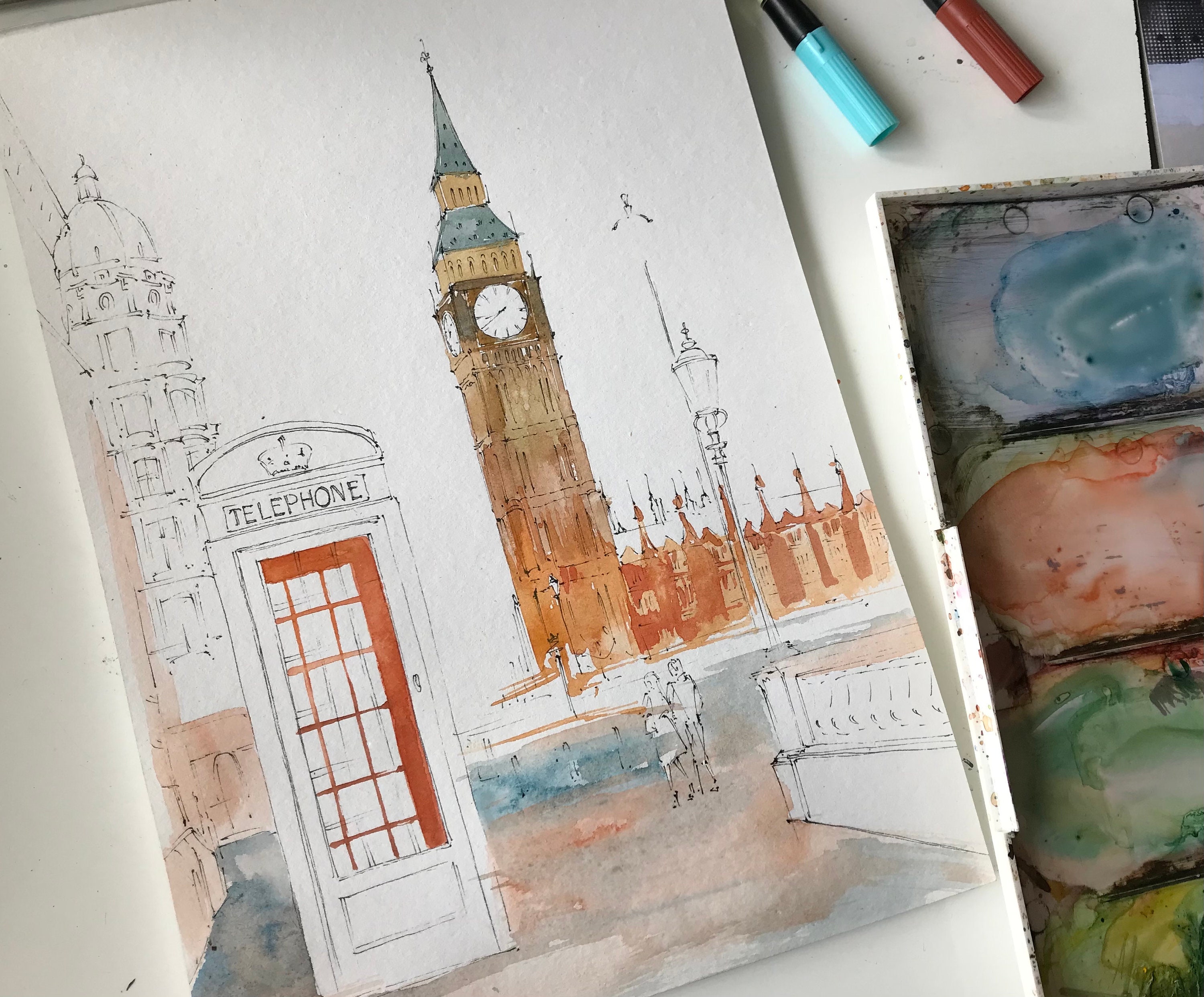 原画#3623 ビッグベン　雨　ロンドン　水彩画　ドローイング　絵画　絵　アート London Painting Original Watercolor Artwork England UK Big