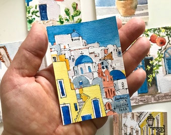 Santorini Greece ACEO Painting Original watercolor Mini artwork by AnaMuStudio