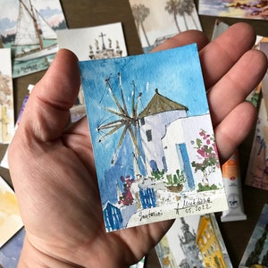 Griekenland schilderij ACEO Santorini windmolen Originele aquarel miniatuurkunstwerk van AnaMuStudio