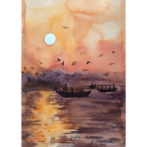 Indian watercolor Varanasi art original painting Sunset Ganges river hand painted watercolor by AnaMuStudio