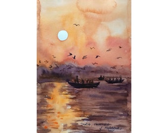 Indian watercolor Varanasi art original painting Sunset Ganges river hand painted watercolor by AnaMuStudio