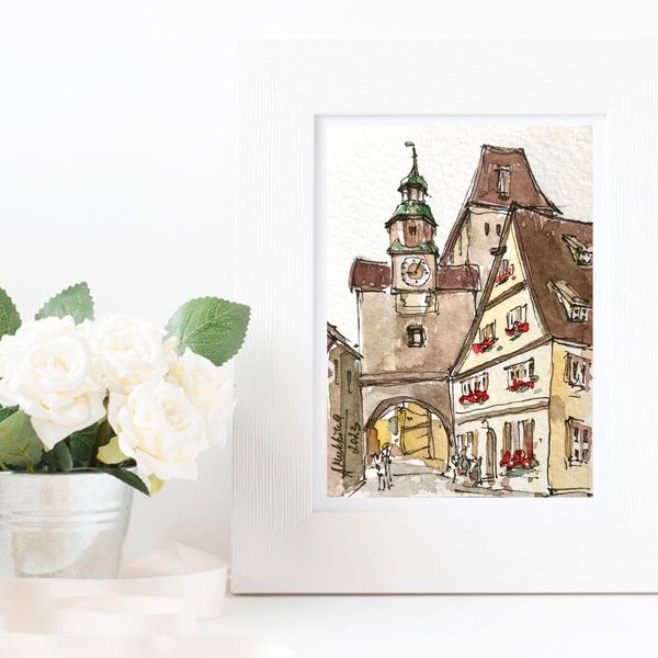 Rothenburg Kunst Deutschland original handgemalte ACEO Malerei Mini Aquarell Miniatur Kunstwerk von AnaMuStudio