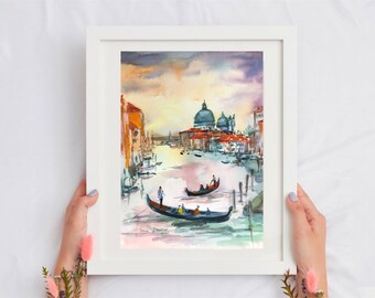 Venedig Italien Aquarell Malerei: Sonnenuntergang Stadtbild Kunst (A4 Größe)