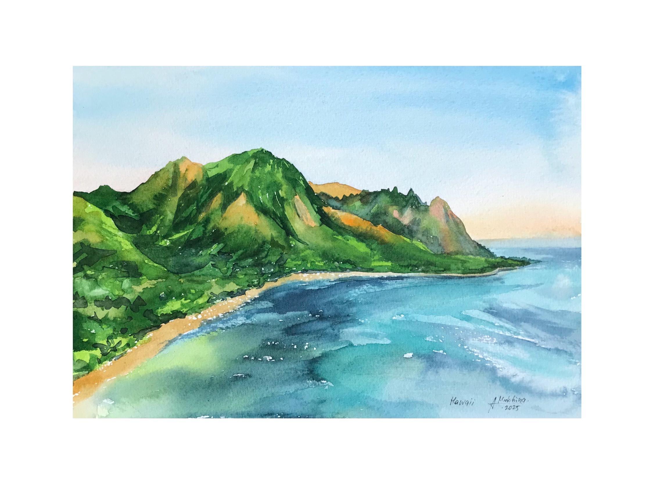 ハワイの水彩画：カウアイ島のアート、オリジナルの島のスケッチ