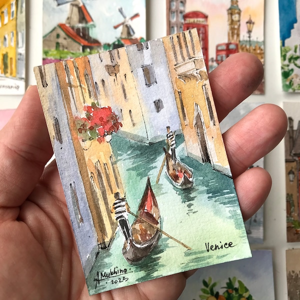 Venezia acquerello ACEO Italia gondole dipinto a mano piccolo acquerello mini dipinto di AnaMuStudio