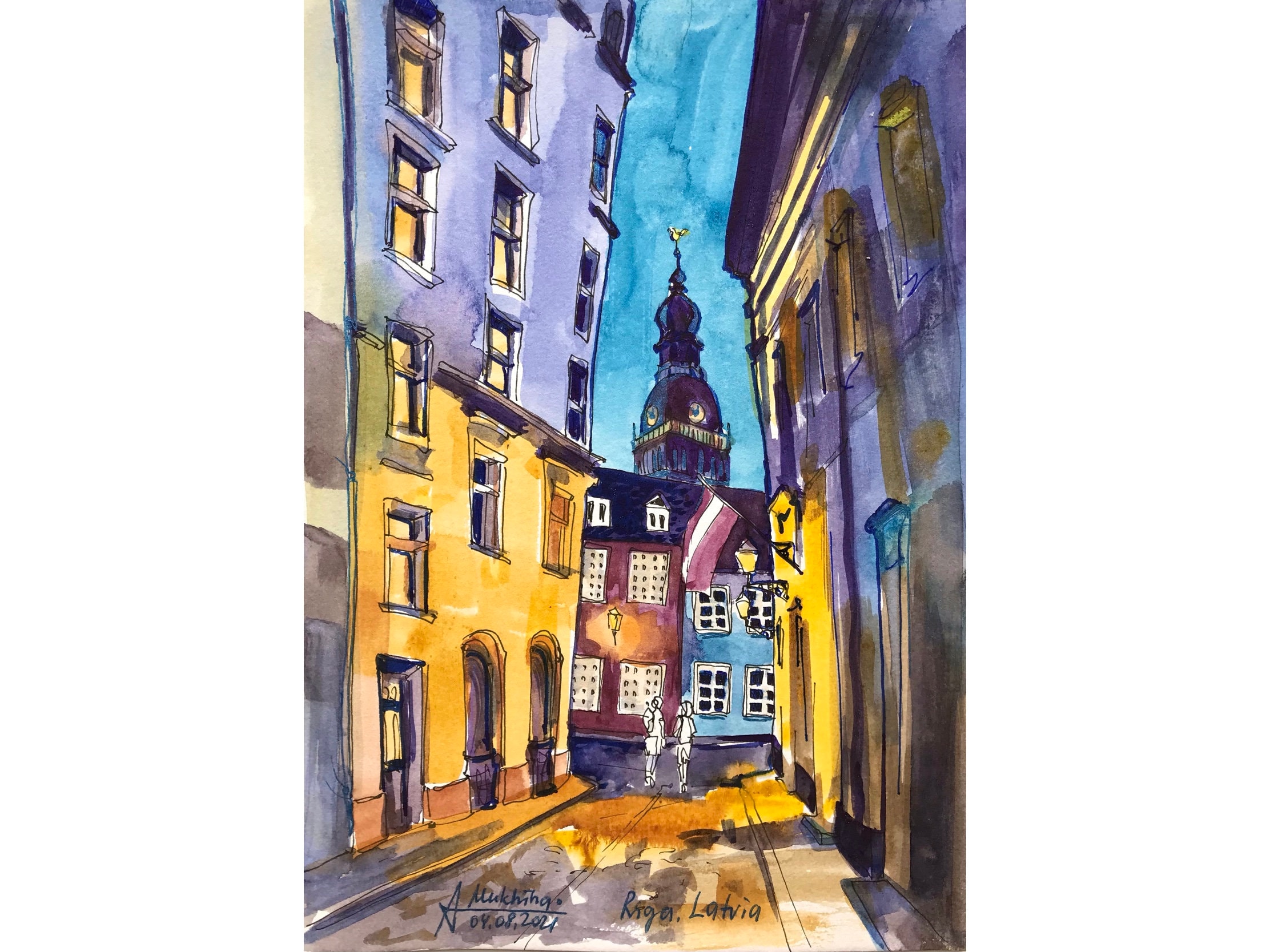 リガの夜の街の水彩画、ラトビアの都市スケッチ - Etsy 日本