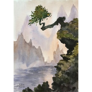 Giappone arte acquerello Bonsai pino Original painting wall art di AnaMuStudio