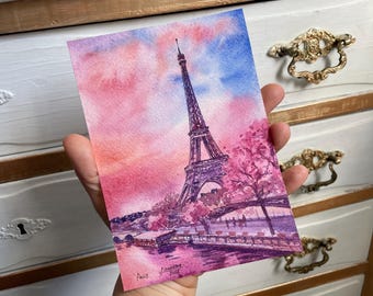 watercolor Paris Painting Original hand painted France Eiffel Tower Miniature artwork by AnaMuStudio