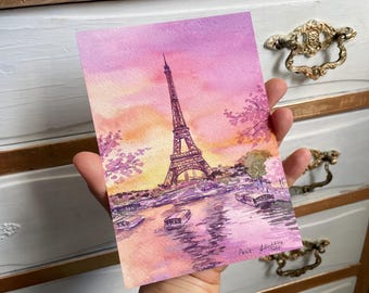 Paris watercolor Painting Pink France Eiffel Tower ORIGINAL Mini artwork by AnaMuStudio