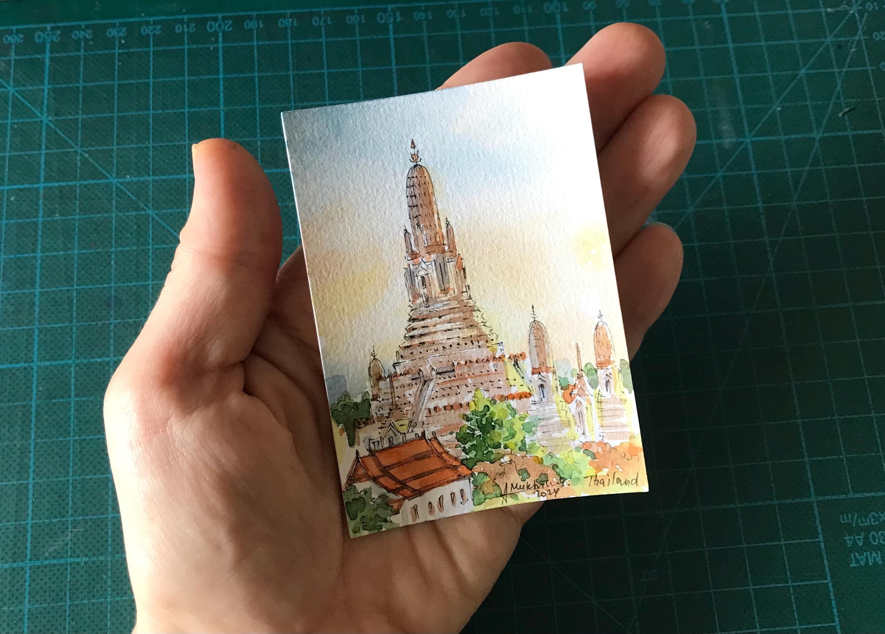 Thailand art Bangkok ACEO Painting Original watercolorMiniature artwork by AnaMuStudio