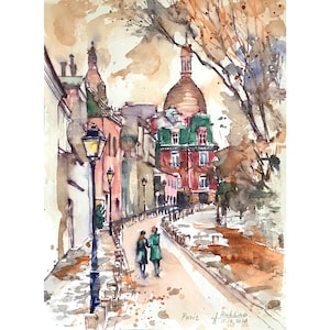 Paris Gemälde Montmartre Straße Frankreich Aquarell Bildende Kunst Original Aquarell französische Kunst Sacre Coeur im Herbst
