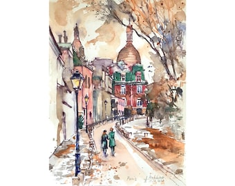 Paris painting Montmartre street France Watercolor fine art Original watercolor French art Sacre Coeur in autumn