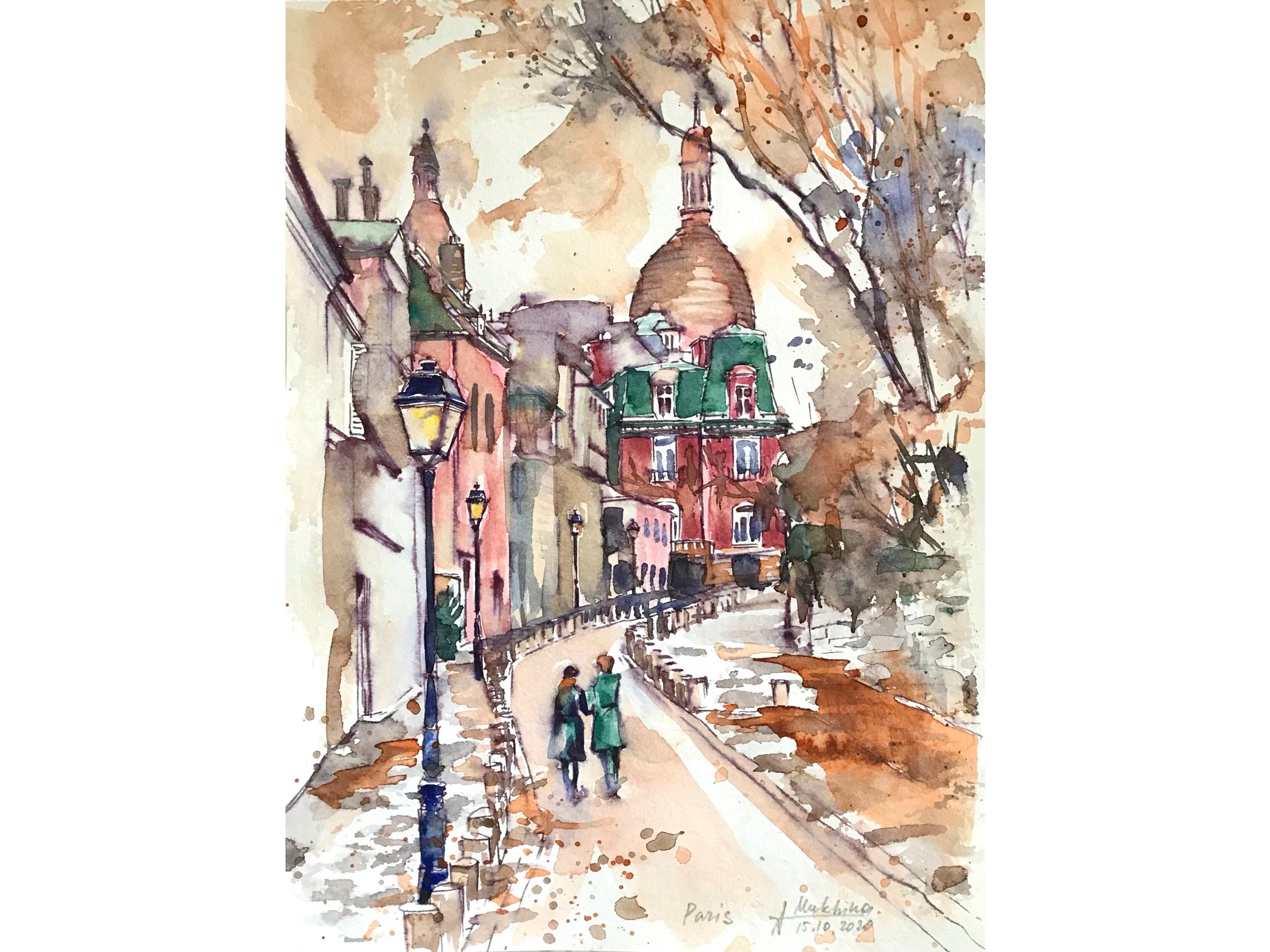 パリの絵画 モンマルトル通り フランス 水彩画 美術 オリジナル水彩画