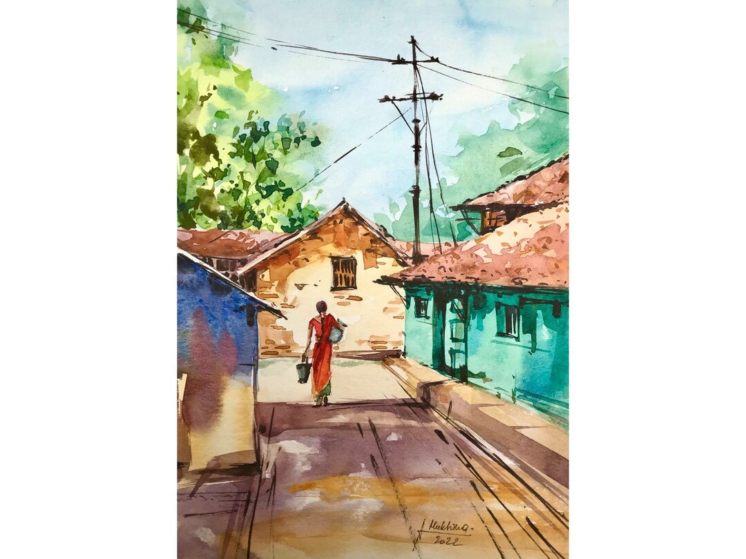 Indian Art Original Painting Indian Village Watercolor Wall Etsy