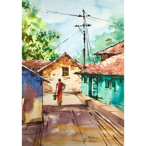 Indian village watercolor Rajasthani painting original hand painted wall art by AnaMuStudio