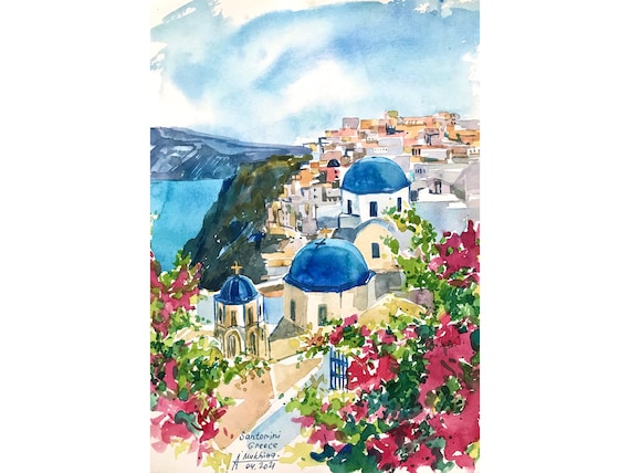 サントリーニ島 水彩画 ギリシャ オリジナル絵画 オーダーメイド 旅行