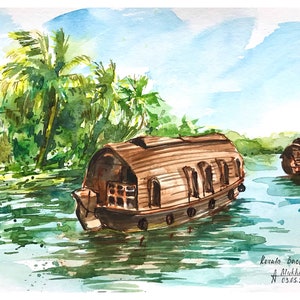 Indian art original watercolor Kerala backwaters painting Boat Indian artwork A4 size by AnaMuStudio