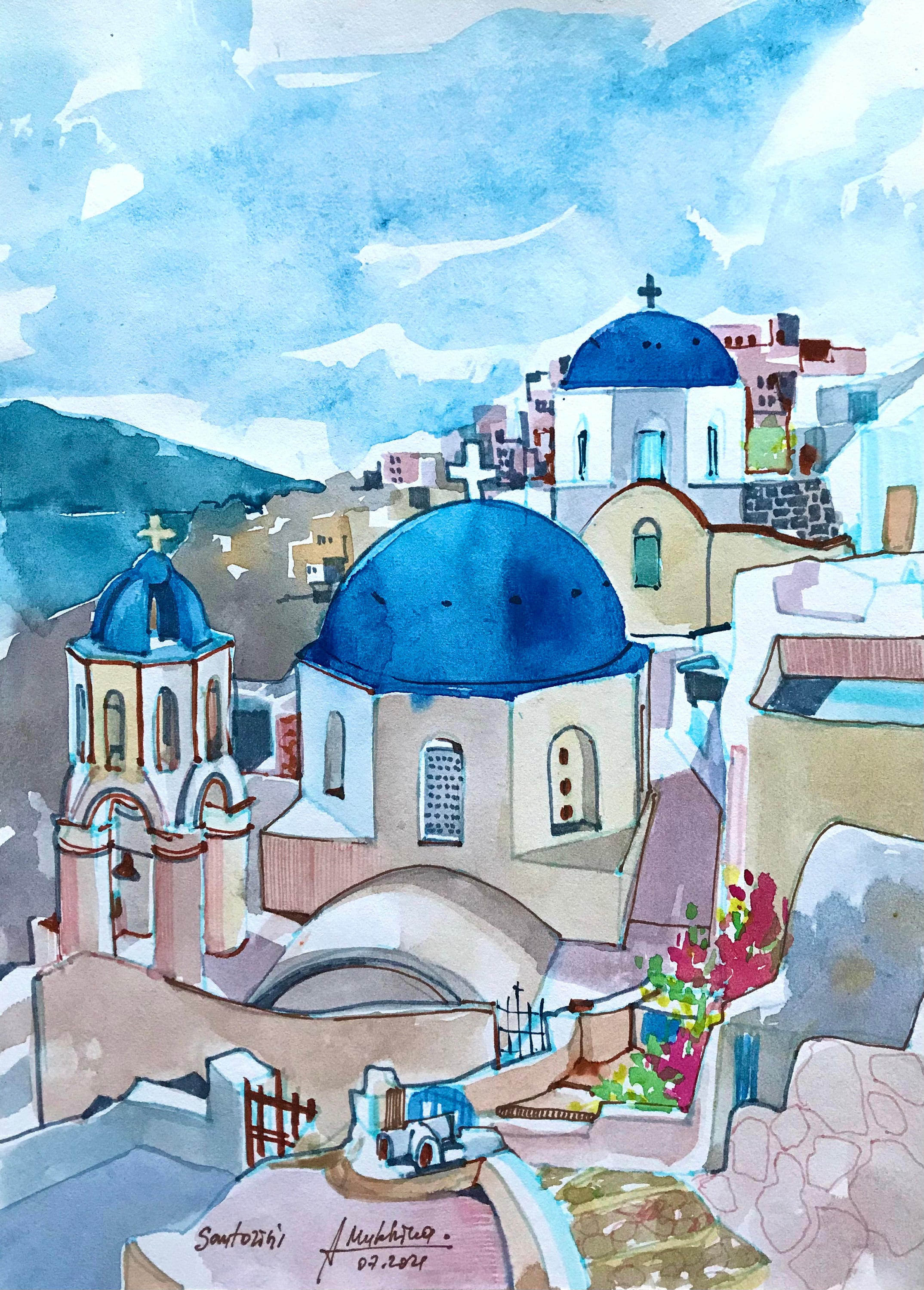 サントリーニ島オリジナル水彩画ギリシャアート旅行スケッチby