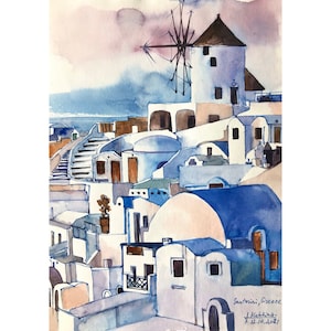 Santorini windmill watercolor original painting Greece Travel sketch by AnaMuStudio