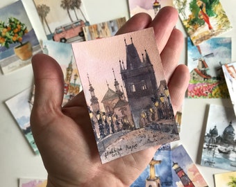 Prague watercolor art ACEO original miniature Czech mini painting by AnaMuStudio