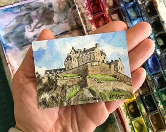 Edinburgh Castle painting ACEO Scotland Original watercolor Miniature artwork by AnaMuStudio
