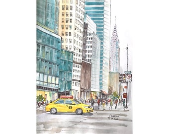 American fine art ORIGINAL watercolor New York City original urban sketch Yellow taxi wall art by AnaMuStudio