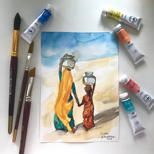Indian painting Indian woman and girl in desert Rajasthani watercolor sketch by AnaMuStudio