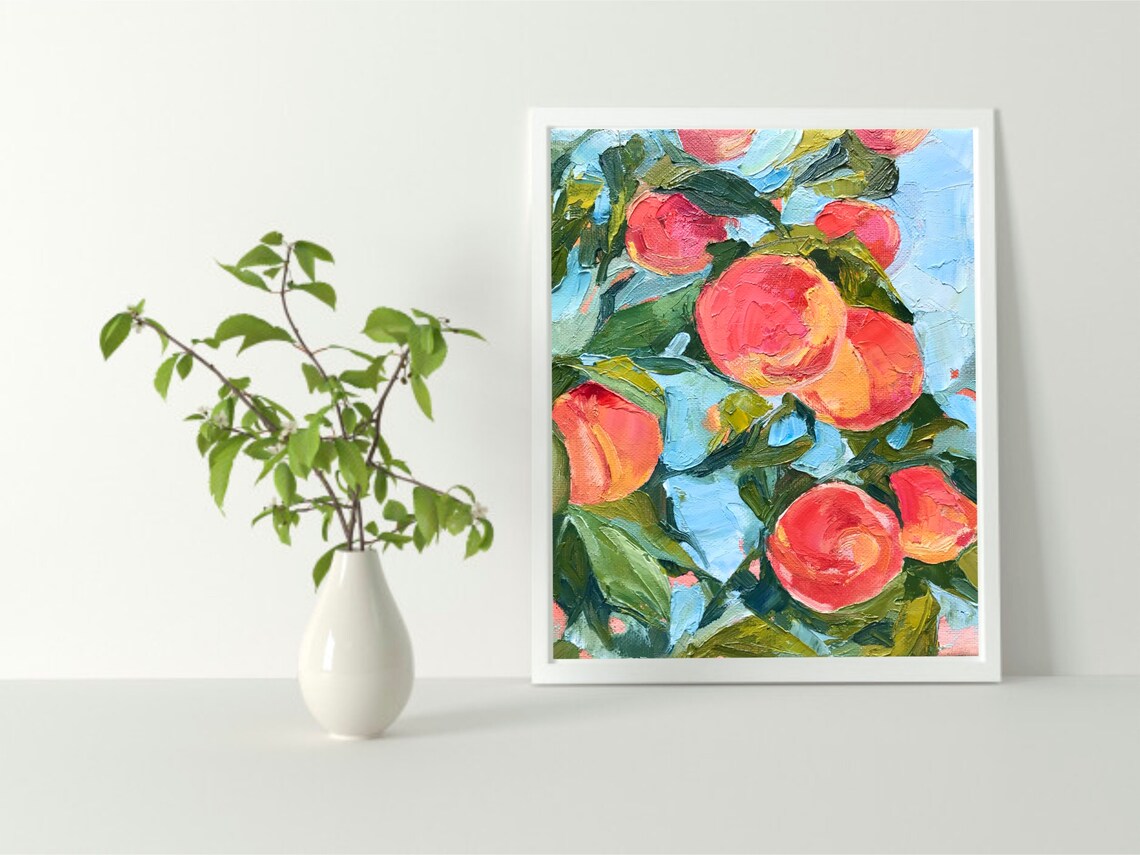 Peach art Original painting 7x9 canvas Fruits wall art Kitchen Etsy