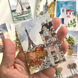 Paris art ACEO Painting Original watercolor France Eiffel Tower Miniature artwork by AnaMuStudio