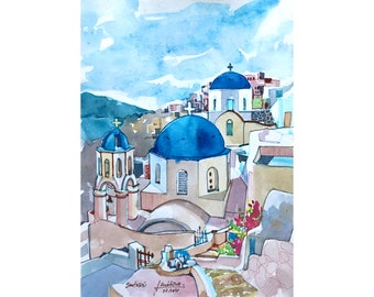 スペインの旅（水彩画） サントリーニ島オリジナル水彩画ギリシャアート旅行スケッチby