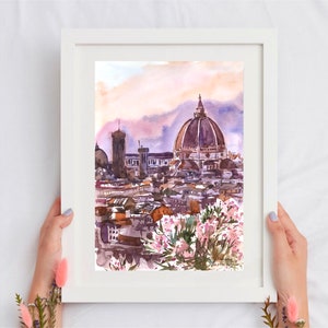 Florence schilderij originele kunst zonsondergang aquarel Italië Europese stedelijke schets oude stad architectuur kerk kunst aan de muur door AnaMuStudio